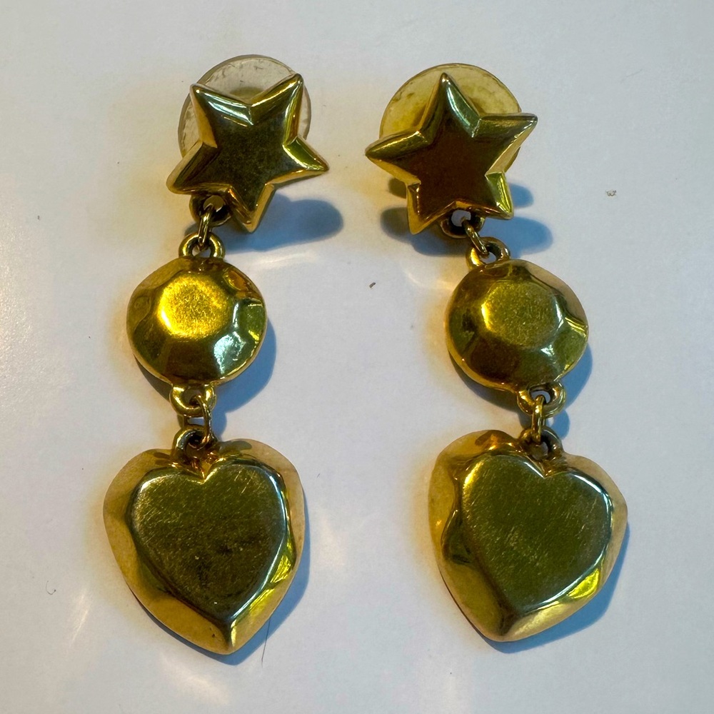 Vintage Gold Tone Drop Earrings Star Circle Heart Pierced Earrings